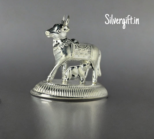 Small Traditional Kamadhenu Cow Idol in Pure Silver – Spiritual Decor & Gift Silvergift.in