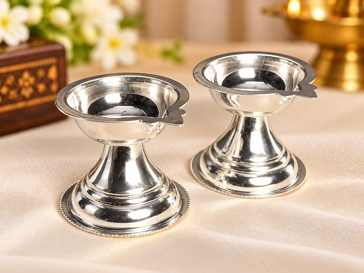 Silver Diya Pair for Pooja | Traditional Silver Oil Lamps for Home & Gifting