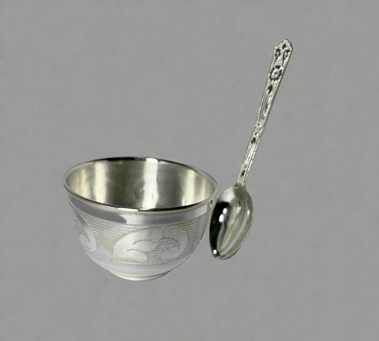 Silver bowl and spoon on a white background