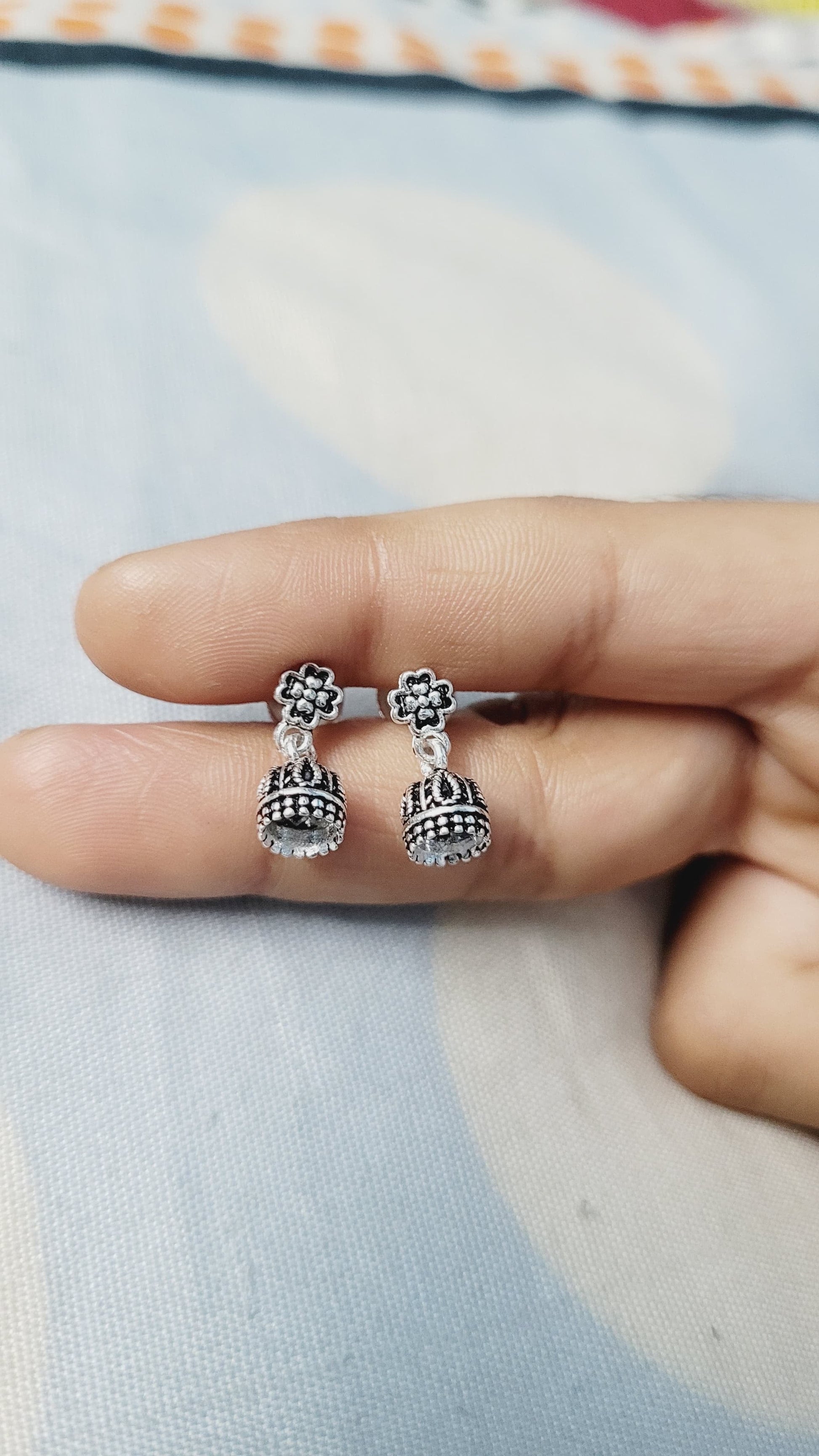 Mini Silver Jhumka Earrings with Floral Studs Silvergift.in