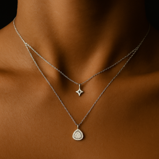 Sterling Silver Layered Necklace Set - Star & Triangle Pendant Chain Combo Silvergift.in