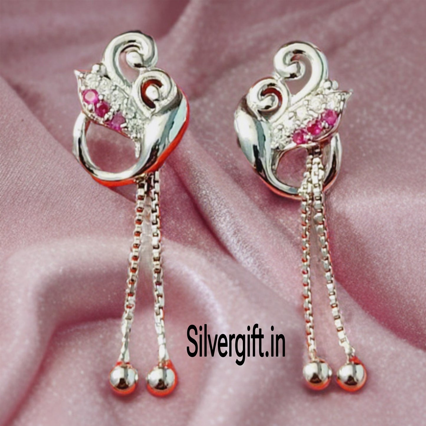 Sterling Silver Dangle Earrings for Women & Girls with Pink Stones and Chain Tassels | Elegant Party & Daily Wear Jewellery Silvergift.in