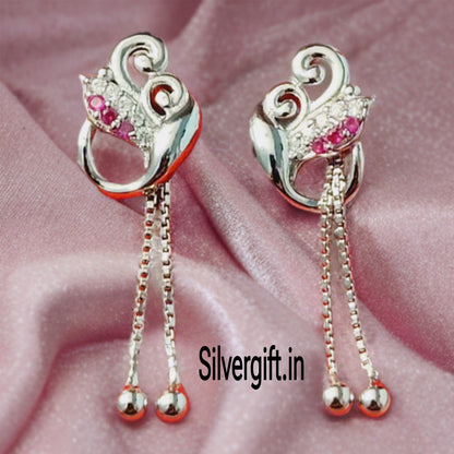 Sterling Silver Dangle Earrings for Women & Girls with Pink Stones and Chain Tassels | Elegant Party & Daily Wear Jewellery Silvergift.in