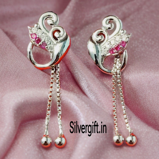 Sterling Silver Dangle Earrings for Women & Girls with Pink Stones and Chain Tassels | Elegant Party & Daily Wear Jewellery Silvergift.in