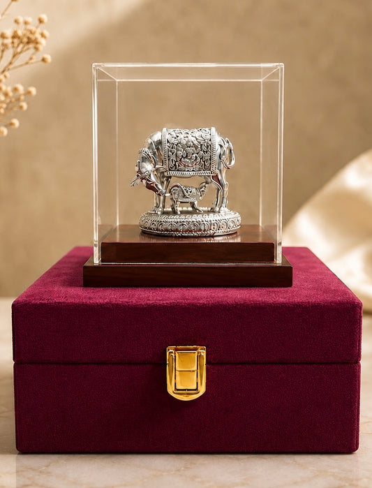 Silver Kamdhenu Cow & Calf Idol with Acrylic Display Case in Luxury Velvet Gift Box - Vastu, Pooja & Housewarming Gift