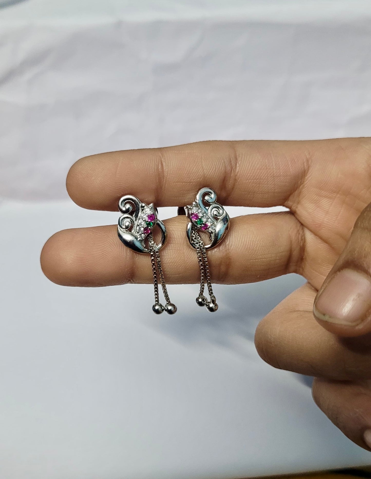 Sterling Silver Dangle Earrings for Women & Girls with Pink Stones and Chain Tassels | Elegant Party & Daily Wear Jewellery Silvergift.in