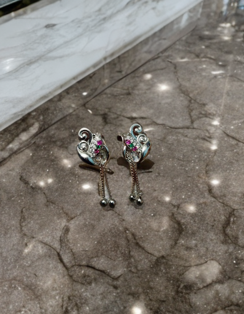 Sterling Silver Dangle Earrings for Women & Girls with Pink Stones and Chain Tassels | Elegant Party & Daily Wear Jewellery Silvergift.in