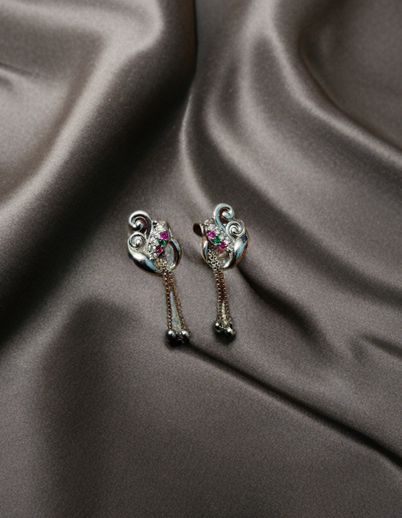 Sterling Silver Dangle Earrings for Women & Girls with Pink Stones and Chain Tassels | Elegant Party & Daily Wear Jewellery Silvergift.in