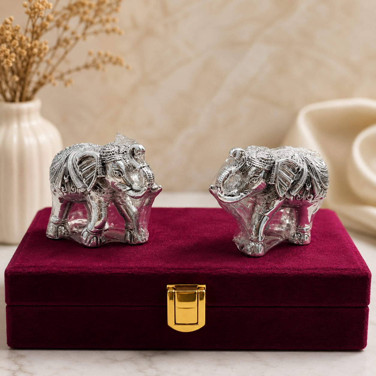Pure Silver Elephant Idol Pair – 925 Silver Plated Handcrafted Ambabari Elephants for Home Decor, Pooja & Gifting | Set of 2