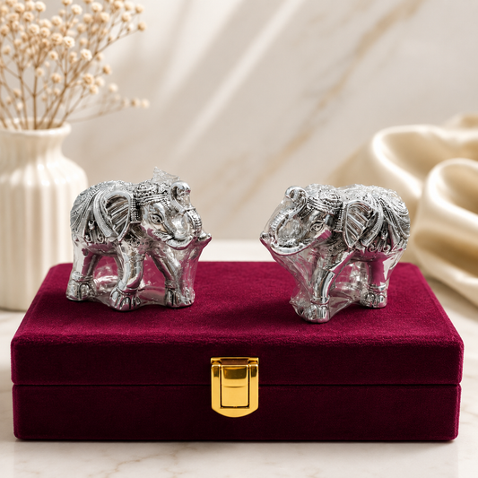 Pure Silver Elephant Idol Pair – 925 Silver Plated Handcrafted Ambabari Elephants for Home Decor, Pooja & Gifting | Set of 2