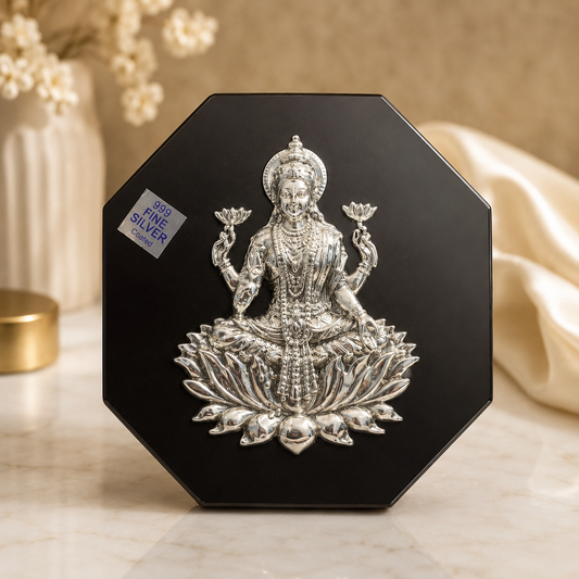 999 Silver Coated Goddess Lakshmi Idol Wall/Table Frame - Octagon Black Base, Lotus Design, Diwali & Housewarming Gift