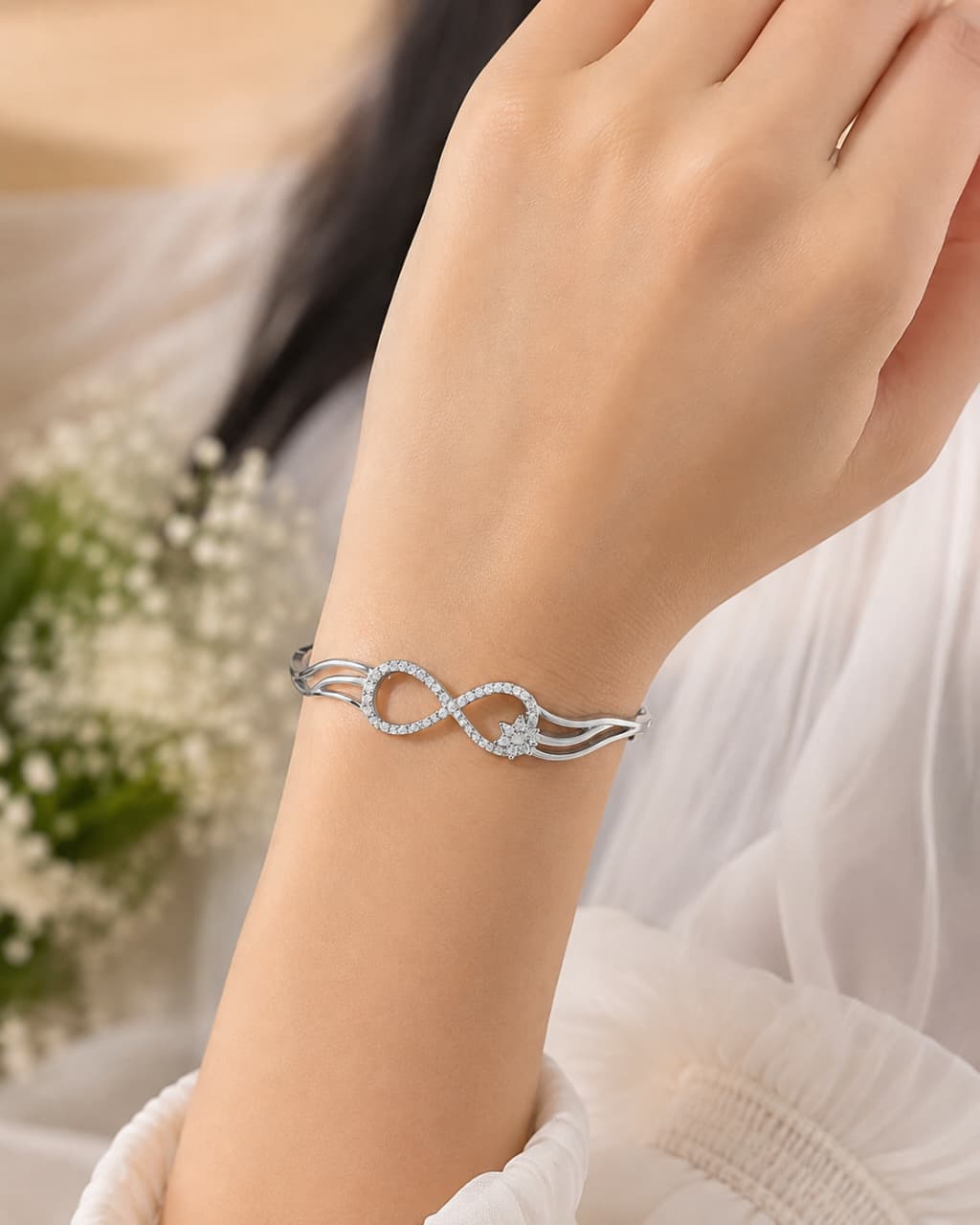 925 Sterling Silver Infinity Bracelet for Women | Elegant Floral Silver Bangle | Love & Forever Gift