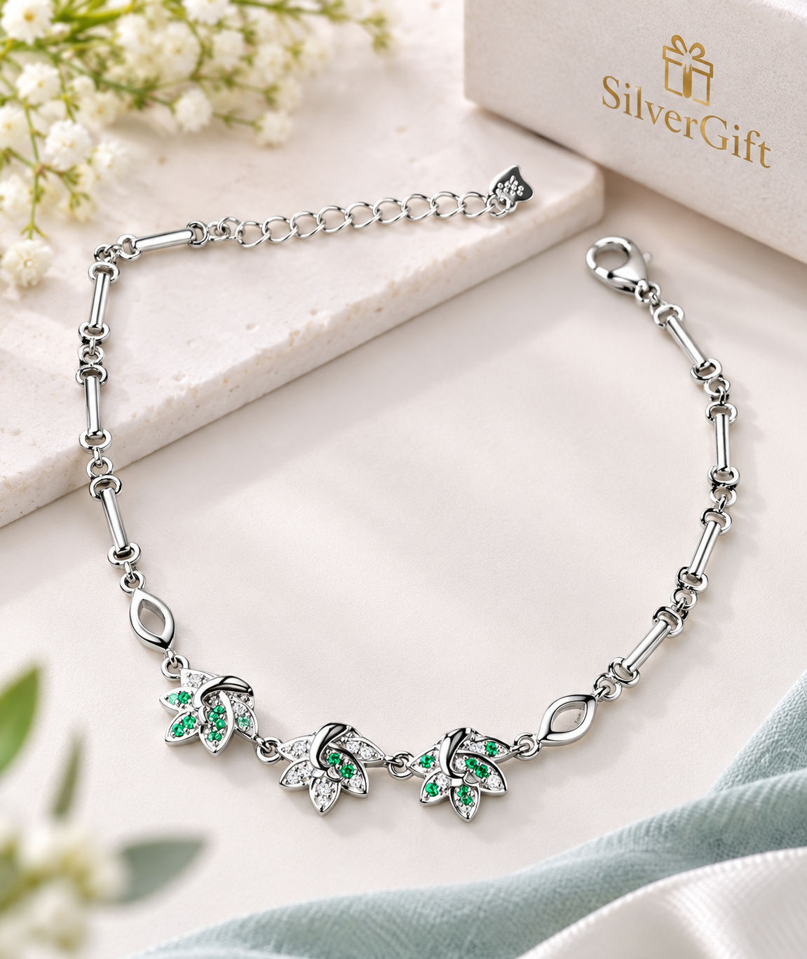Green Stone 925 Sterling Silver Bracelet for Women | Elegant Festive & Everyday Jewellery