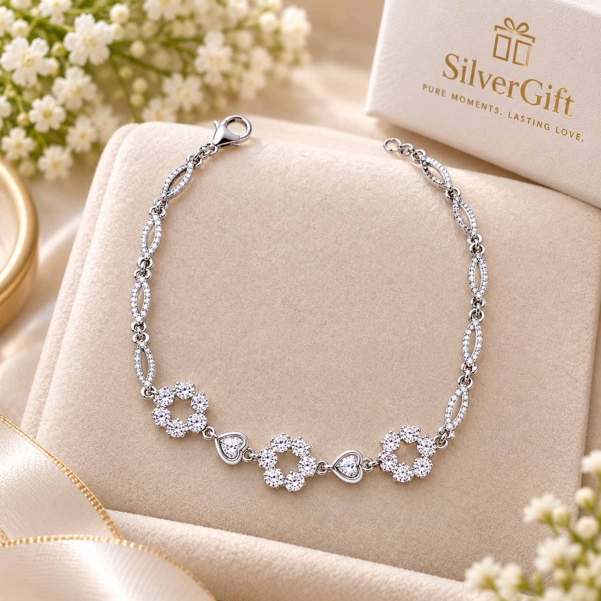 Flower Design Silver Bracelet for Women – 925 Sterling Silver