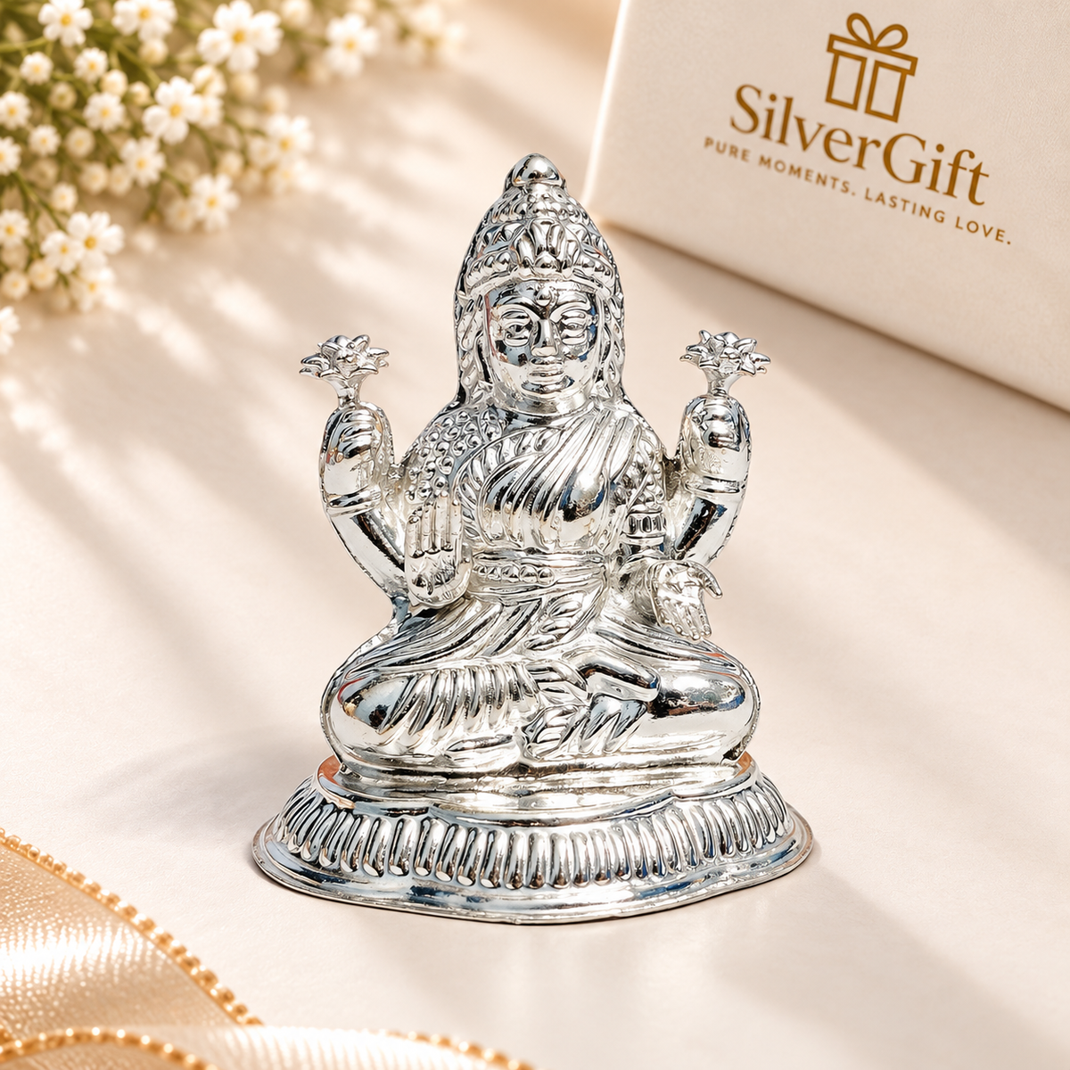 Pure Silver Lakshmi Idol for Pooja | Goddess Lakshmi Murti for Prosperity & Auspicious Gifting