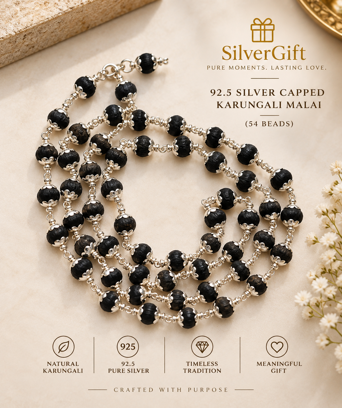 925 silver karungali malai 54 beads with silver caps