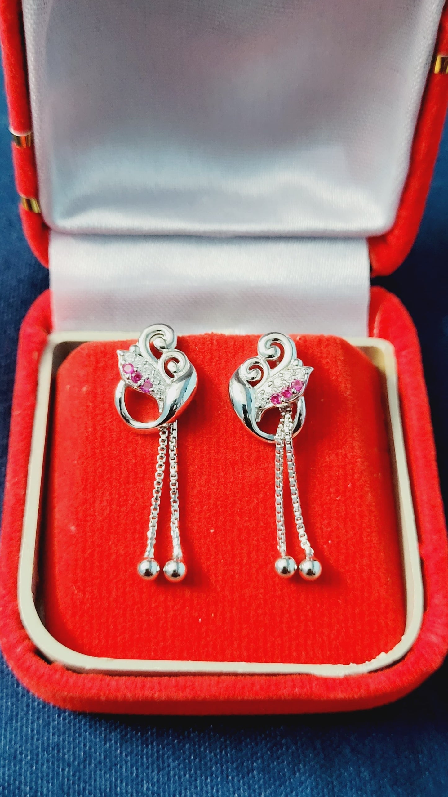 Sterling Silver Dangle Earrings for Women & Girls with Pink Stones and Chain Tassels | Elegant Party & Daily Wear Jewellery Silvergift.in
