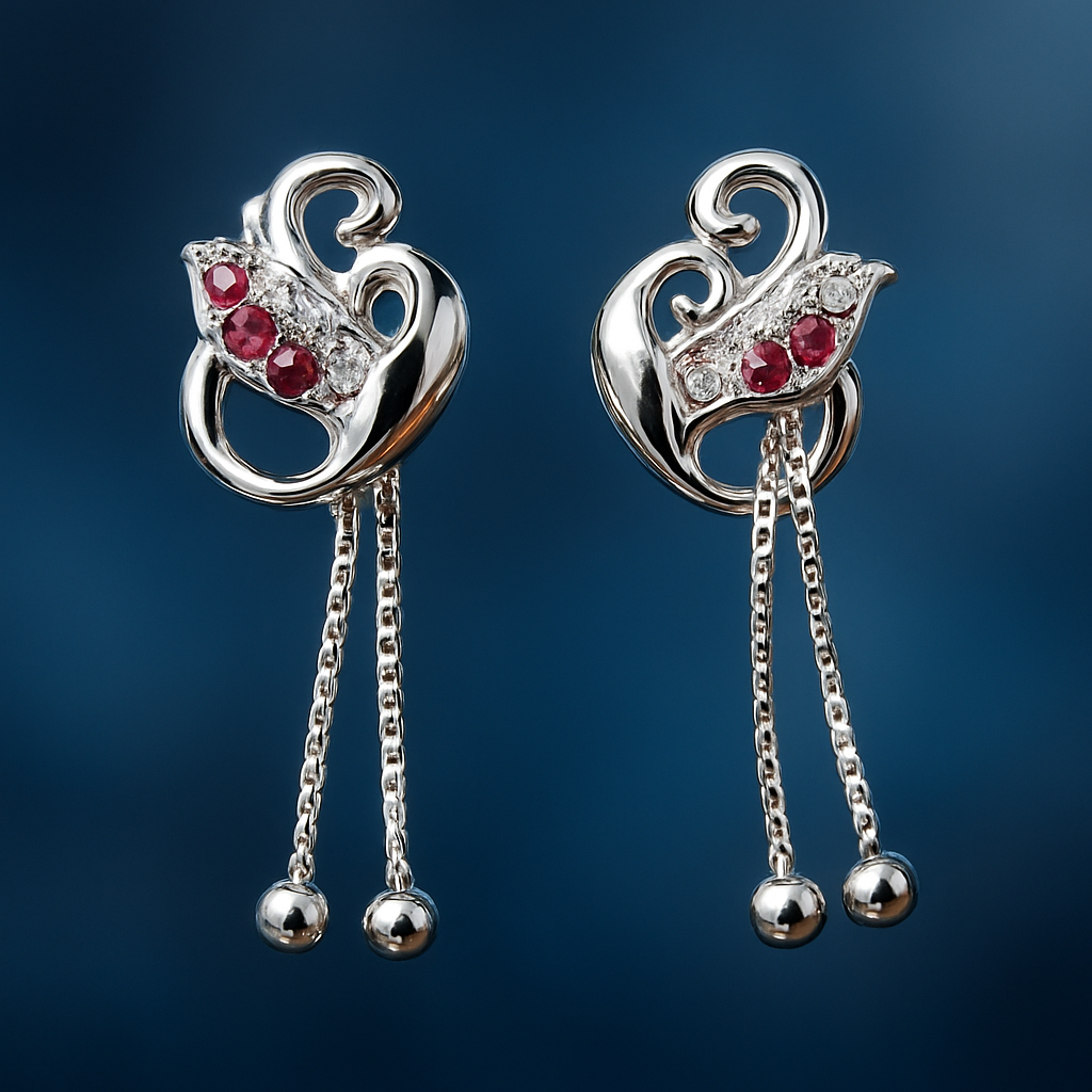 Elegant Sterling Silver Earrings with Ruby Red Gemstones & Chain Drops Silvergift.in