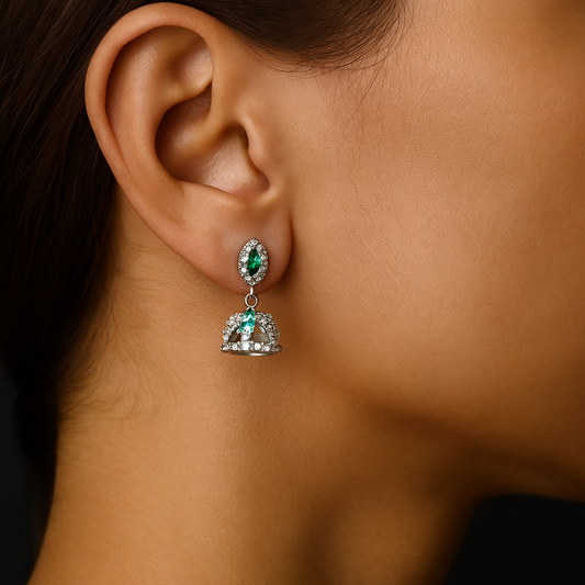 925 Sterling Silver Green Stone Jhumka Earrings for Women – Elegant Party & Festive Wear Silvergift.in