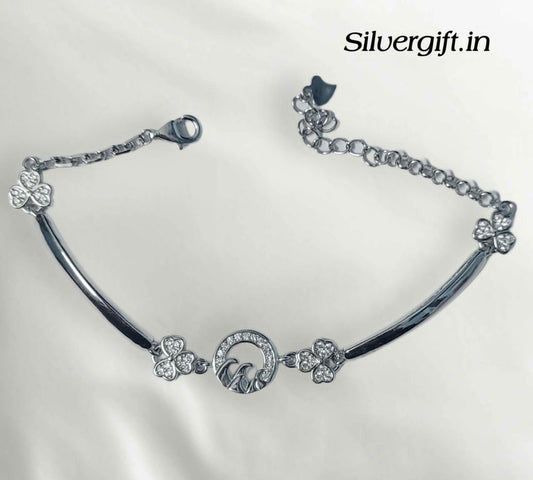 925 Sterling Silver Dolphin & Clover Charm Bracelet for Women | Adjustable CZ Party Wear Pure Silver Bracelet Silvergift.in