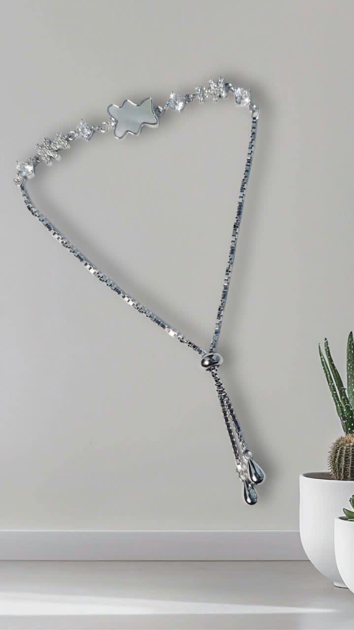 925 Silver Floral Crystal Slider Bracelet for Women – Adjustable Tassel Chain, Elegant Daily & Party Wear Jewelry Silvergift.in