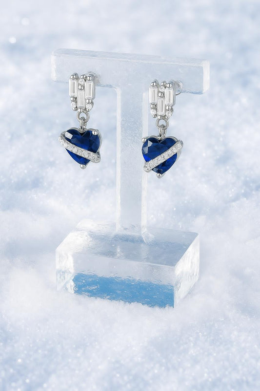 Elegant Heart-Shaped Blue Stone Earrings for Women – Dangle Style, Silver Finish, Perfect Gift Idea. Silvergift.in