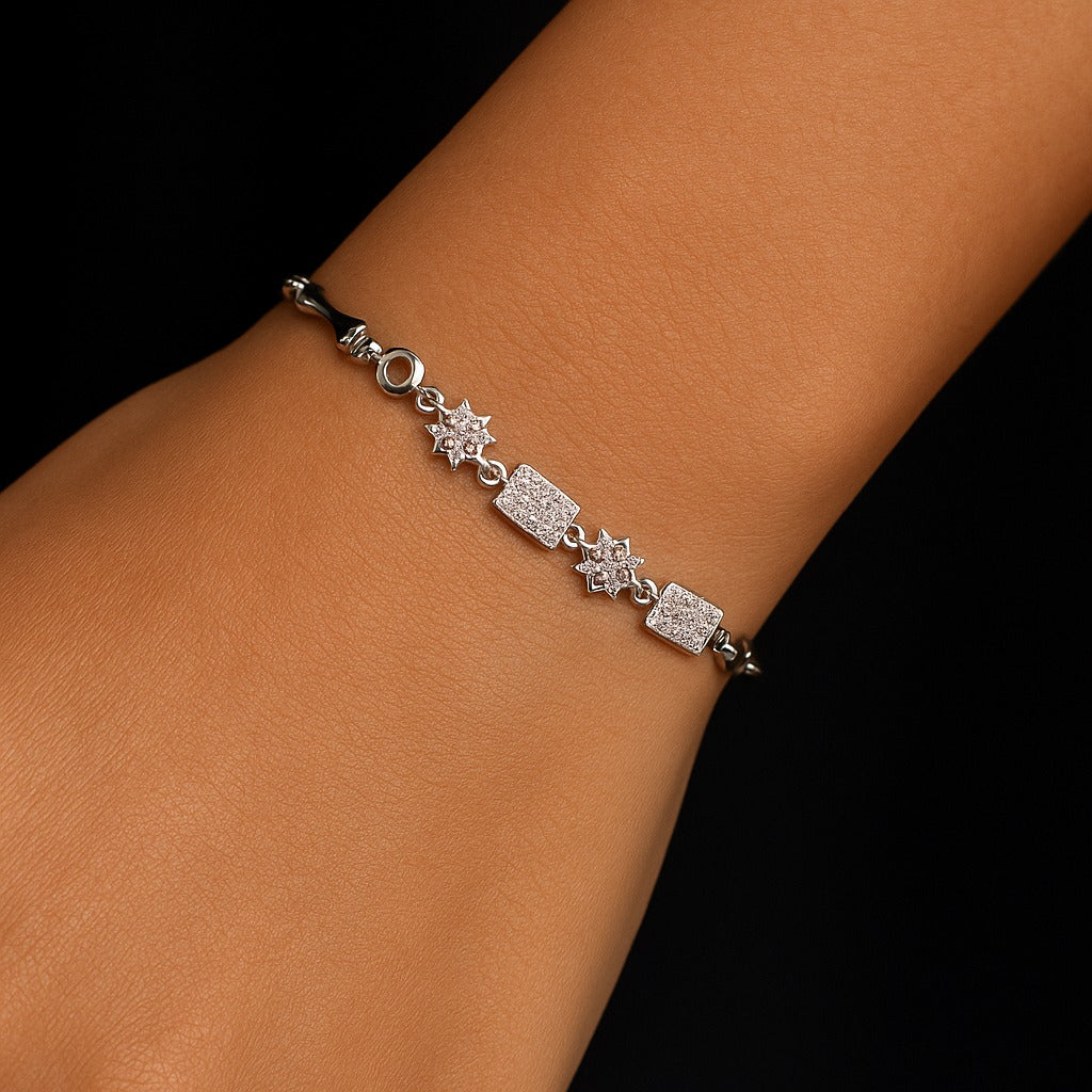 Elegant White Stone Silver Bracelet – Classy Designer Women’s Jewelry for Special Occasions. Silvergift.in