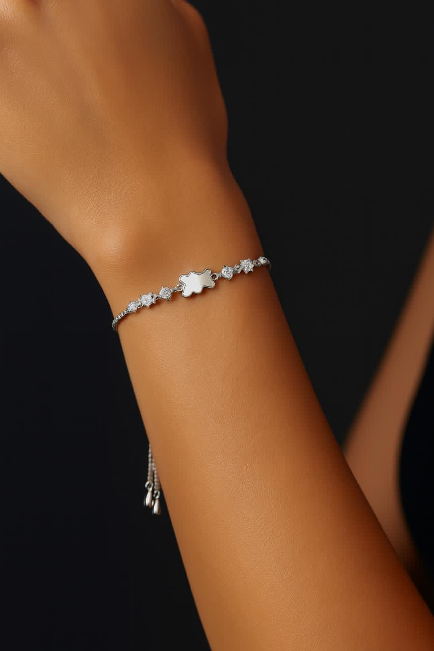 925 Silver Floral Crystal Slider Bracelet for Women – Adjustable Tassel Chain, Elegant Daily & Party Wear Jewelry Silvergift.in
