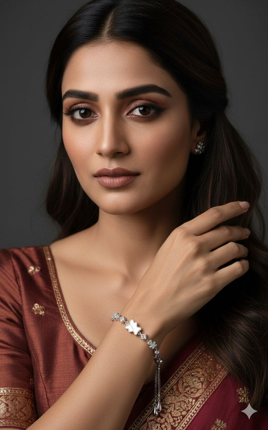 925 Silver Floral Crystal Slider Bracelet for Women – Adjustable Tassel Chain, Elegant Daily & Party Wear Jewelry Silvergift.in