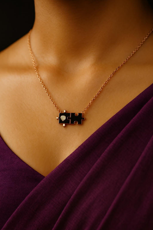 Elegant Puzzle Piece Pendant Necklace for Women – Unique Gold Plated Minimalist Necklace, Heart Cutout, Friendship & Couple Jewelry Gift. Silvergift.in