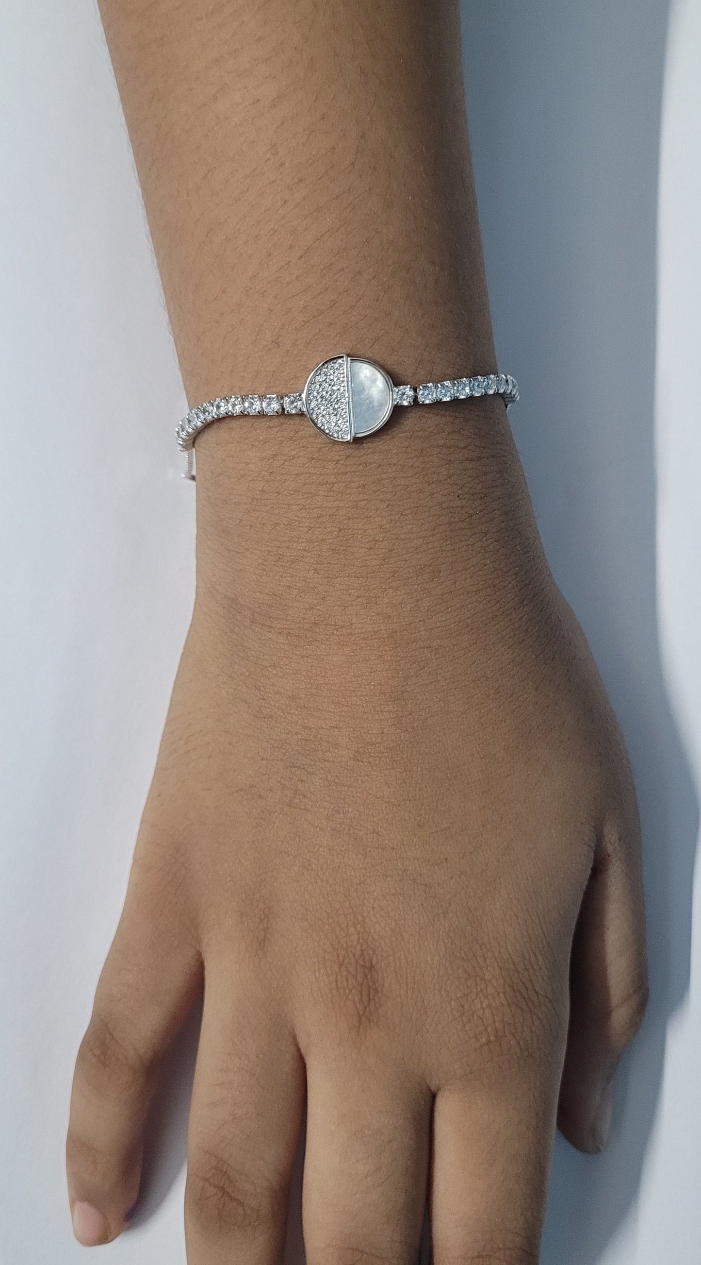 Classic White Stone Adjustable Pure Silver Bracelet – Elegant Handmade Designer Jewelry for Women. Silvergift.in