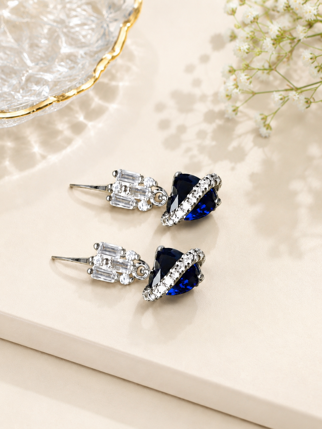 Elegant Heart-Shaped Blue Stone Earrings for Women – Dangle Style, Silver Finish, Perfect Gift Idea.
