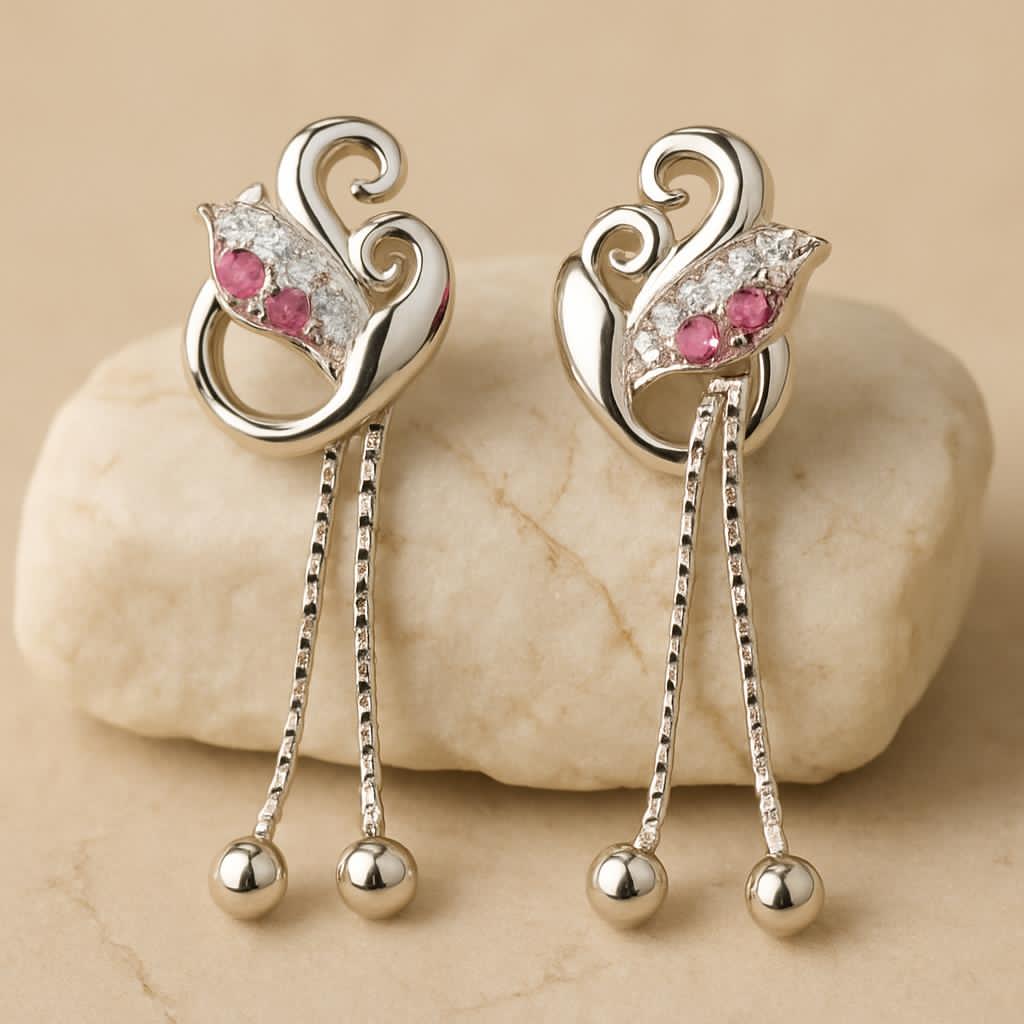 Elegant Sterling Silver Earrings with Ruby Red Gemstones & Chain Drops Silvergift.in