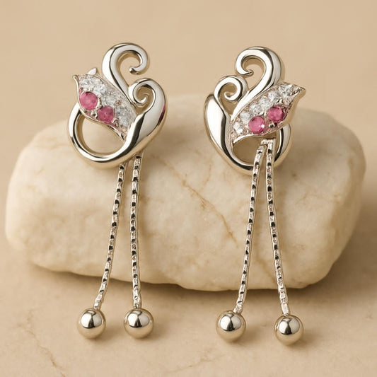 Elegant Sterling Silver Earrings with Ruby Red Gemstones & Chain Drops Silvergift.in